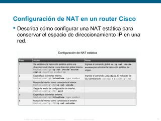 Configuración de NAT en un router Cisco 
 Describa cómo configurar una NAT estática para 
conservar el espacio de direccionamiento IP en una 
red. 
© 2006 Cisco Systems, Inc. Todos los derechos reservados. Información pública de Cisco 14 
 