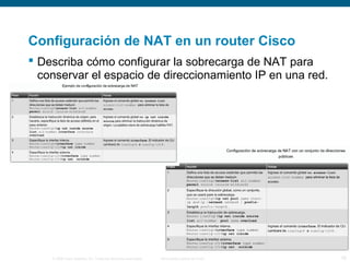 Configuración de NAT en un router Cisco 
 Describa cómo configurar la sobrecarga de NAT para 
conservar el espacio de direccionamiento IP en una red. 
© 2006 Cisco Systems, Inc. Todos los derechos reservados. Información pública de Cisco 16 
 