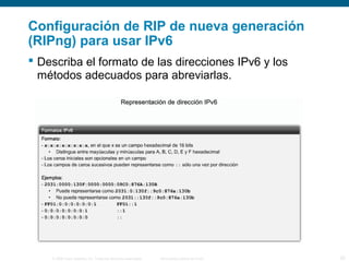 Configuración de RIP de nueva generación 
(RIPng) para usar IPv6 
 Describa el formato de las direcciones IPv6 y los 
métodos adecuados para abreviarlas. 
© 2006 Cisco Systems, Inc. Todos los derechos reservados. Información pública de Cisco 20 
 