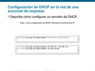 Configuración de DHCP en la red de una 
sucursal de empresa 
 Describa cómo configurar un servidor de DHCP. 
© 2006 Cisco Systems, Inc. Todos los derechos reservados. Información pública de Cisco 6 
 