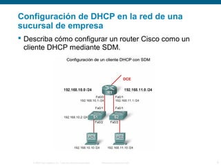 Configuración de DHCP en la red de una 
sucursal de empresa 
 Describa cómo configurar un router Cisco como un 
cliente DHCP mediante SDM. 
© 2006 Cisco Systems, Inc. Todos los derechos reservados. Información pública de Cisco 9 
 