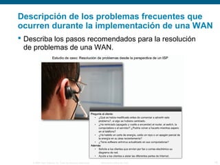 Descripción de los problemas frecuentes que 
ocurren durante la implementación de una WAN 
 Describa los pasos recomendados para la resolución 
de problemas de una WAN. 
© 2006 Cisco Systems, Inc. Todos los derechos reservados. Información pública de Cisco 18 
 
