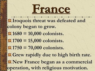 Iroquois threat was defeated and
colony began to grow.
1680 = 10,000 colonists.
1700 = 15,000 colonists.
1750 = 70,000 colonists.
Grew rapidly due to high birth rate.
New France began as a commercial
operation, with religious motivation.
France
 