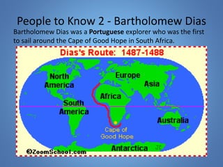 People to Know 2 - Bartholomew Dias 
Bartholomew Dias was a Portuguese explorer who was the first 
to sail around the Cape of Good Hope in South Africa. 
 