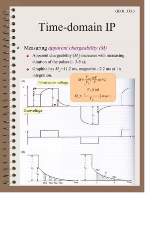 GEOL 335.3
Time-domain IP
Measuring apparent chargeability (M)
Apparent chargeability (Ma
) increases with increasing
duration of the pulses (~ 3-5 s);
Graphite has Ma
.=11.2 ms, magnetite - 2.2 ms at 1 s
integration.
M =
V p
V0
mV
V
or %
Overvoltage
Polarisation voltage
Ma=
t1
t 2
V P t dt
V0
msec
 