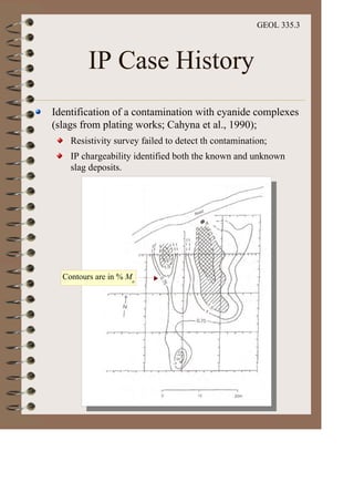 GEOL 335.3
IP Case History
Identification of a contamination with cyanide complexes
(slags from plating works; Cahyna et al., 1990);
Resistivity survey failed to detect th contamination;
IP chargeability identified both the known and unknown
slag deposits.
Contours are in % Ma
 