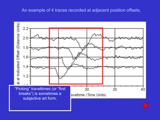 “Picking” traveltimes (or “first
breaks”) is sometimes a
subjective art form.
An example of 4 traces recorded at adjacent position offsets.
 