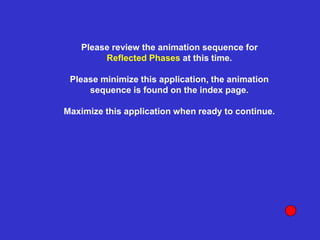 Please review the animation sequence for
Reflected Phases at this time.
Please minimize this application, the animation
sequence is found on the index page.
Maximize this application when ready to continue.
 