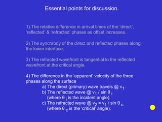 Essential points for discussion.
1) The relative difference in arrival times of the ‘direct’,
‘reflected’ & ‘refracted’ phases as offset increases.
2) The synchrony of the direct and reflected phases along
the lower interface.
4) The difference in the ‘apparent’ velocity of the three
phases along the surface
a) The direct (primary) wave travels @ v1.
b) The reflected wave @ v1 / sin θ i
(where θ i is the incident angle).
c) The refracted wave @ v2 = v1 / sin θ c
(where θ c is the ’critical’ angle).
3) The refracted wavefront is tangential to the reflected
wavefront at the critical angle.
 