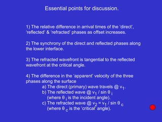 Essential points for discussion.
1) The relative difference in arrival times of the ‘direct’,
‘reflected’ & ‘refracted’ phases as offset increases.
2) The synchrony of the direct and reflected phases along
the lower interface.
4) The difference in the ‘apparent’ velocity of the three
phases along the surface
a) The direct (primary) wave travels @ v1.
b) The reflected wave @ v1 / sin θ i
(where θ i is the incident angle).
c) The refracted wave @ v2 = v1 / sin θ c
(where θ c is the ’critical’ angle).
3) The refracted wavefront is tangential to the reflected
wavefront at the critical angle.
 