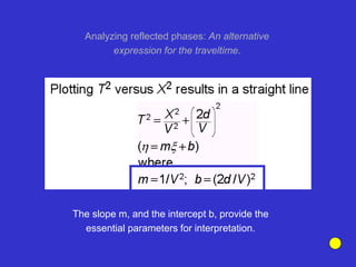 The slope m, and the intercept b, provide the
essential parameters for interpretation.
Analyzing reflected phases: An alternative
expression for the traveltime.
 