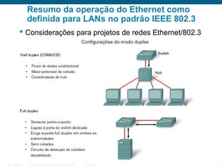Resumo da operação do Ethernet como
definida para LANs no padrão IEEE 802.3
 Considerações para projetos de redes Ethernet/802.3

ITE 1 Chapter 6

© 2006 Cisco Systems, Inc. All rights reserved.

Cisco Public

4

 