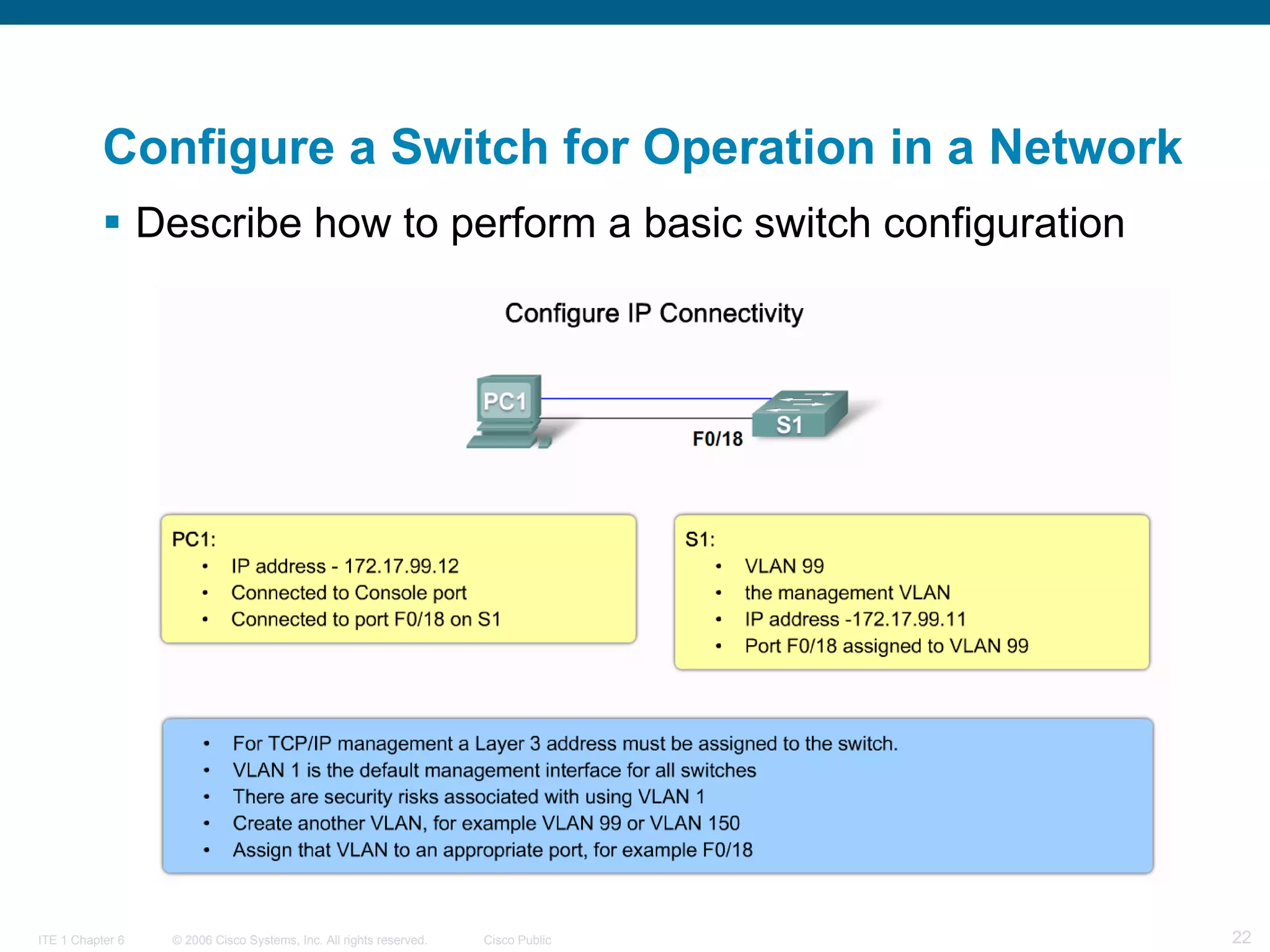 Configure a Switch for Operation in a Network Describe how to perform a basic switch configuration   