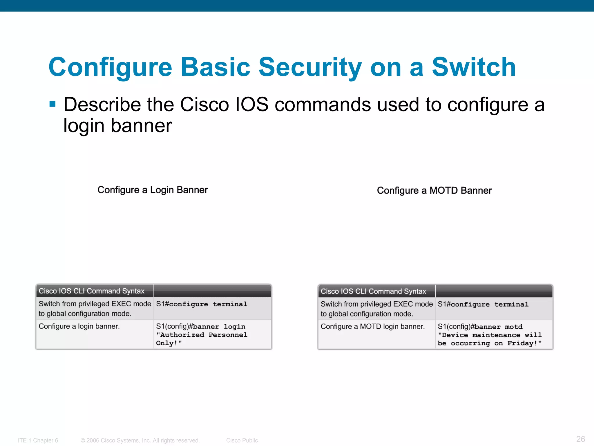 Describe the Cisco IOS commands used to configure a login banner   Configure Basic Security on a Switch 