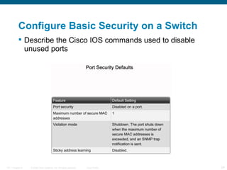 Describe the Cisco IOS commands used to disable unused ports   Configure Basic Security on a Switch 