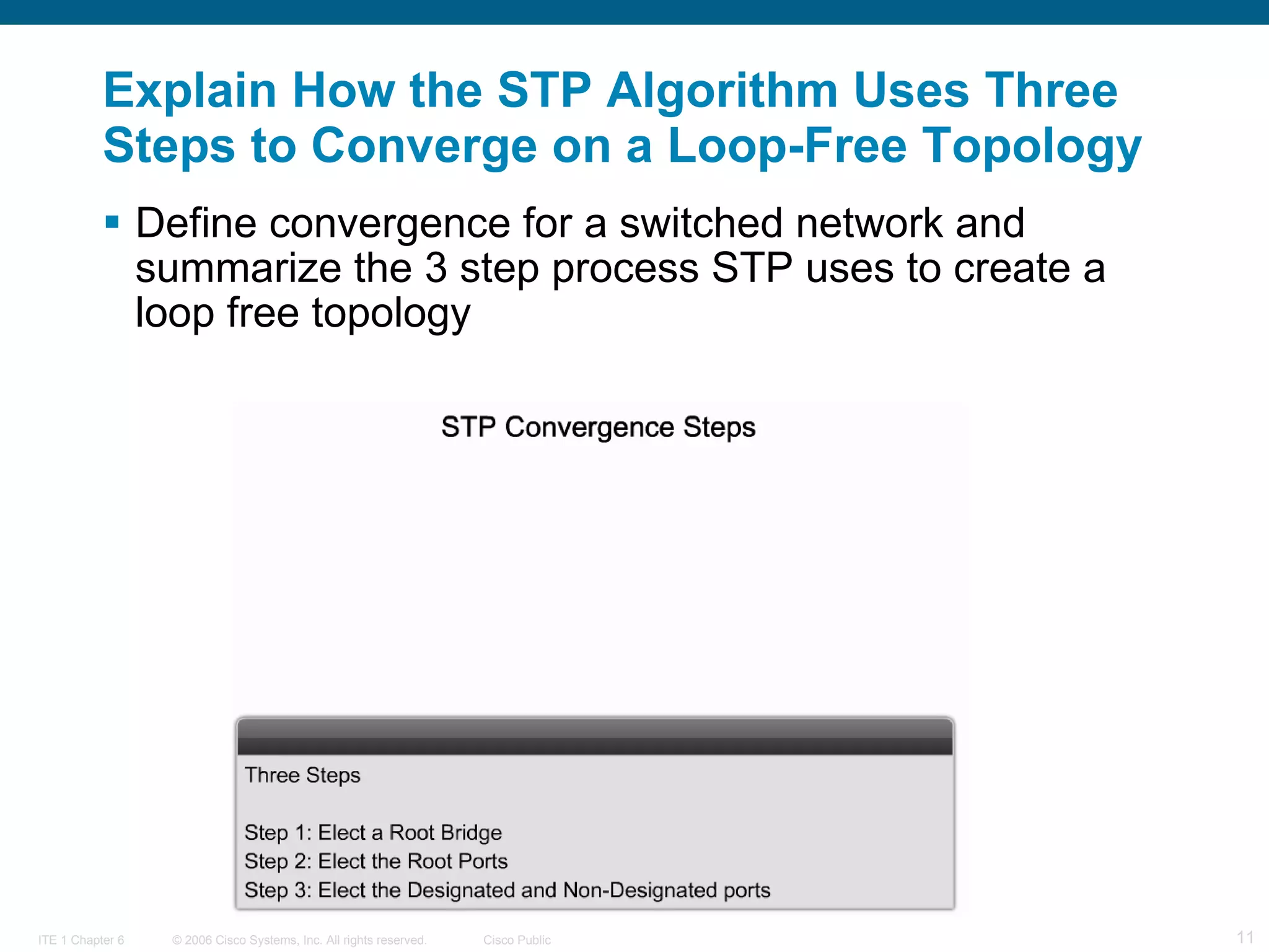Explain How the STP Algorithm Uses Three Steps to Converge on a Loop-Free Topology   Define convergence for a switched network and summarize the 3 step process STP uses to create a loop free topology 