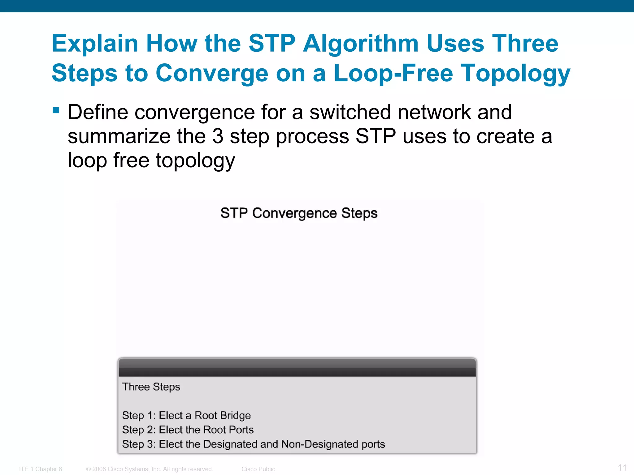 Explain How the STP Algorithm Uses Three Steps to Converge on a Loop-Free Topology   Define convergence for a switched network and summarize the 3 step process STP uses to create a loop free topology 