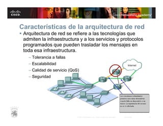 Características de la arquitectura de red
 Arquitectura de red se refiere a las tecnologías que
admiten la infraestructura y a los servicios y protocolos
programados que pueden trasladar los mensajes en
toda esa infraestructura.
– Tolerancia a fallas
– Escalabilidad
– Calidad de servicio (QoS)
– Seguridad

© 2007 Cisco Systems, Inc. Todos los derechos reservados.

Cisco Public

12

 