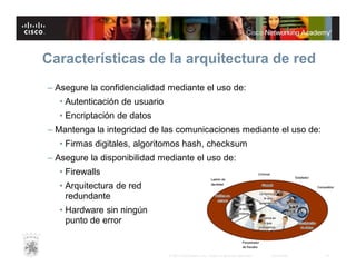 Características de la arquitectura de red
– Asegure la confidencialidad mediante el uso de:
• Autenticación de usuario
• Encriptación de datos
– Mantenga la integridad de las comunicaciones mediante el uso de:
• Firmas digitales, algoritomos hash, checksum
– Asegure la disponibilidad mediante el uso de:
• Firewalls
• Arquitectura de red
redundante
• Hardware sin ningún
punto de error

© 2007 Cisco Systems, Inc. Todos los derechos reservados.

Cisco Public

19

 