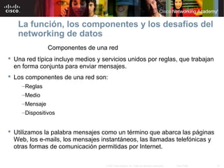 19© 2007 Cisco Systems, Inc. Todos los derechos reservados. Cisco Public
La función, los componentes y los desafíos del
networking de datos
Componentes de una red
 Una red típica incluye medios y servicios unidos por reglas, que trabajan
en forma conjunta para enviar mensajes.
 Los componentes de una red son:
–Reglas
–Medio
–Mensaje
–Dispositivos
 Utilizamos la palabra mensajes como un término que abarca las páginas
Web, los e-mails, los mensajes instantáneos, las llamadas telefónicas y
otras formas de comunicación permitidas por Internet.
 