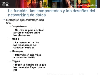 26© 2007 Cisco Systems, Inc. Todos los derechos reservados. Cisco Public
La función, los componentes y los desafíos del
networking de datos
 Elementos que conforman una
red:
– Dispositivos
• Se utilizan para efectuar
la comunicación entre
los elementos
– Medio
• La manera en la que
los dispositivos se
conectan entre sí
– Mensajes
• Información que viaja
a través del medio
– Reglas
• Rigen la manera en la que
los mensajes fluyen por la
red
 