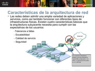 29© 2007 Cisco Systems, Inc. Todos los derechos reservados. Cisco Public
Características de la arquitectura de red
 Las redes deben admitir una amplia variedad de aplicaciones y
servicios, como así también funcionar con diferentes tipos de
infraestructuras físicas. Existen cuatro características básicas que
la arquitectura subyacente necesita para cumplir con las
expectativas de los usuarios:
–Tolerancia a fallas
– Escalabilidad
– Calidad de servicio
– Seguridad
 