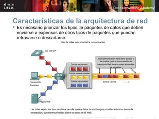 37© 2007 Cisco Systems, Inc. Todos los derechos reservados. Cisco Public
Características de la arquitectura de red
 Es necesario priorizar los tipos de paquetes de datos que deben
enviarse a expensas de otros tipos de paquetes que puedan
retrasarse o descartarse.
 