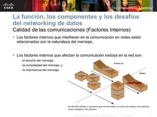 La función, los componentes y los desafíos
del networking de datos
Calidad de las comunicaciones (Factores Internos)
 Los factores internos que interfieren en la comunicación en redes están
  relacionados con la naturaleza del mensaje.


 Los factores internos que afectan la comunicación exitosa en la red son:
    – el tamaño del mensaje,
    – la complejidad del mensaje, y
    – la importancia del mensaje.




                                      © 2007 Cisco Systems, Inc. Todos los derechos reservados.   Cisco Public   13
 