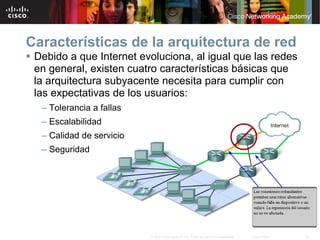 Características de la arquitectura de red
 Debido a que Internet evoluciona, al igual que las redes
  en general, existen cuatro características básicas que
  la arquitectura subyacente necesita para cumplir con
  las expectativas de los usuarios:
   – Tolerancia a fallas
   – Escalabilidad
   – Calidad de servicio
   – Seguridad




                           © 2007 Cisco Systems, Inc. Todos los derechos reservados.   Cisco Public   20
 