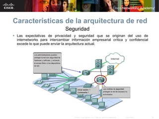 Características de la arquitectura de red
                               Seguridad
 Las expectativas de privacidad y seguridad que se originan del uso de
  internetworks para intercambiar información empresarial crítica y confidencial
  excede lo que puede enviar la arquitectura actual.




                                    © 2007 Cisco Systems, Inc. Todos los derechos reservados.   Cisco Public   24
 