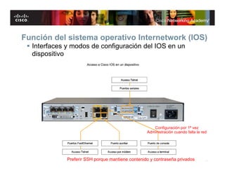 Función del sistema operativo Internetwork (IOS)
  Interfaces y modos de configuración del IOS en un
   dispositivo




                                                                        Configuración por 1ª vez
                                                                     Administración cuando falla la red




             Preferir SSH porque 2007 Cisco Systems, Inc. Todos los derechos reservados.
                                © mantiene contenido y contraseña Public                 Cisco privados   13
 