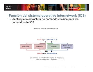 Función del sistema operativo Internetwork (IOS)
 Identifique la estructura de comandos básica para los
  comandos de IOS




                           © 2007 Cisco Systems, Inc. Todos los derechos reservados.   Cisco Public   7
 