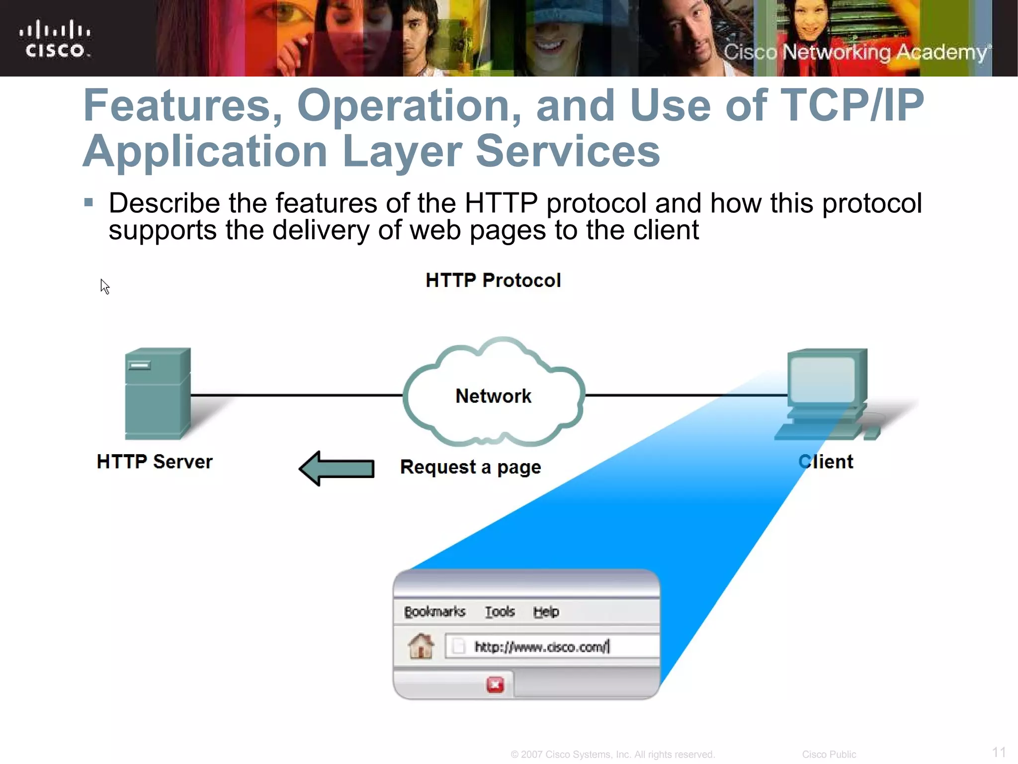 Features, Operation, and Use of TCP/IP Application Layer Services Describe the features of the HTTP protocol and how this protocol supports the delivery of web pages to the client  