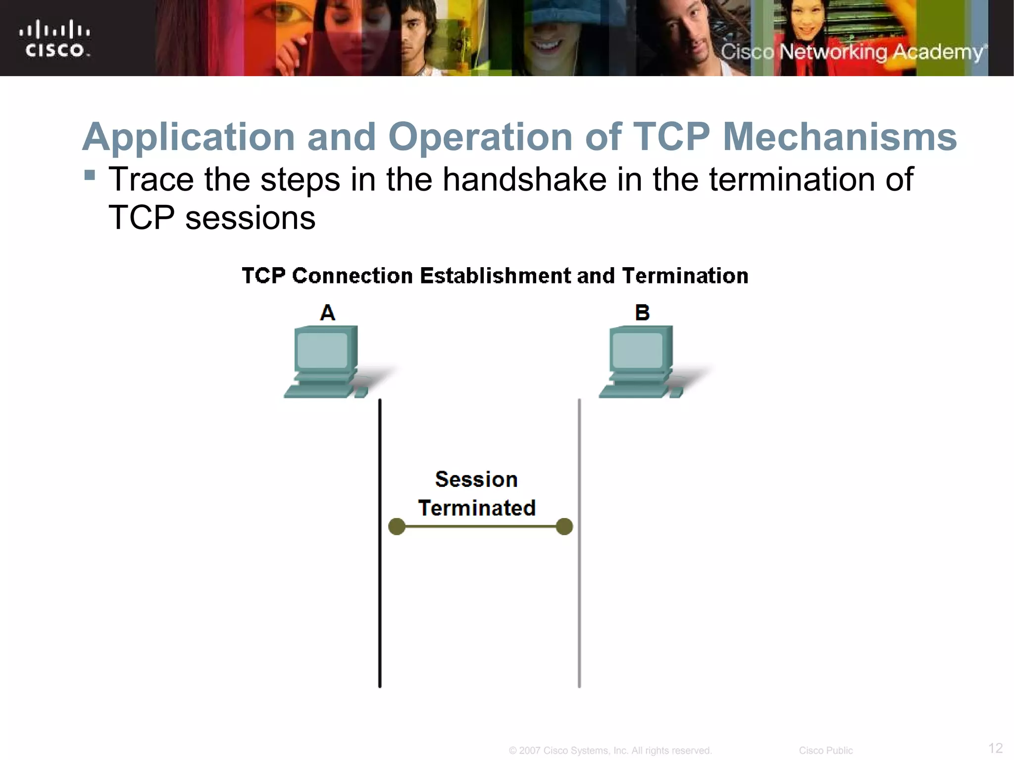 12© 2007 Cisco Systems, Inc. All rights reserved. Cisco Public
Application and Operation of TCP Mechanisms
 Trace the steps in the handshake in the termination of
TCP sessions
 