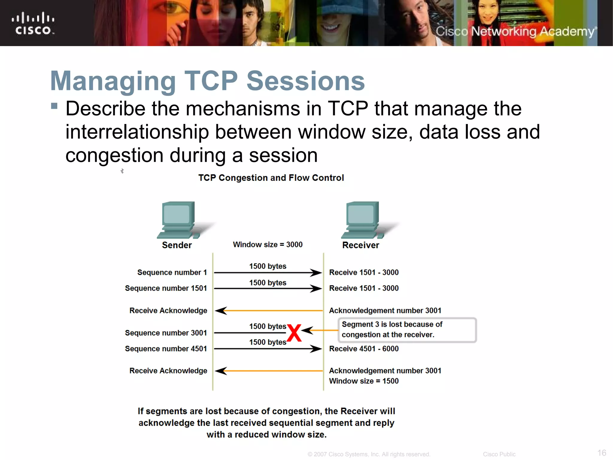 16© 2007 Cisco Systems, Inc. All rights reserved. Cisco Public
Managing TCP Sessions
 Describe the mechanisms in TCP that manage the
interrelationship between window size, data loss and
congestion during a session
 