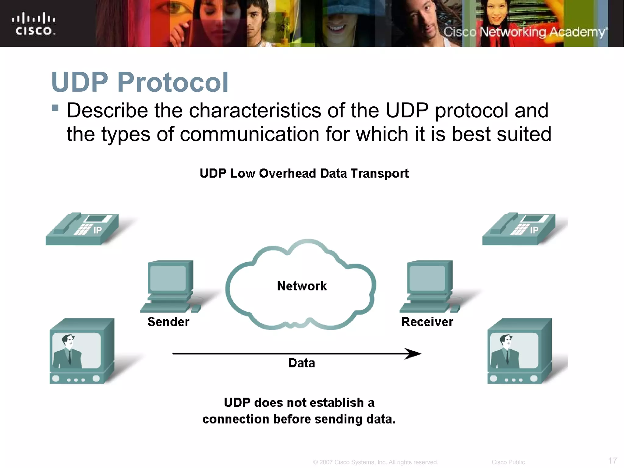 17© 2007 Cisco Systems, Inc. All rights reserved. Cisco Public
UDP Protocol
 Describe the characteristics of the UDP protocol and
the types of communication for which it is best suited
 