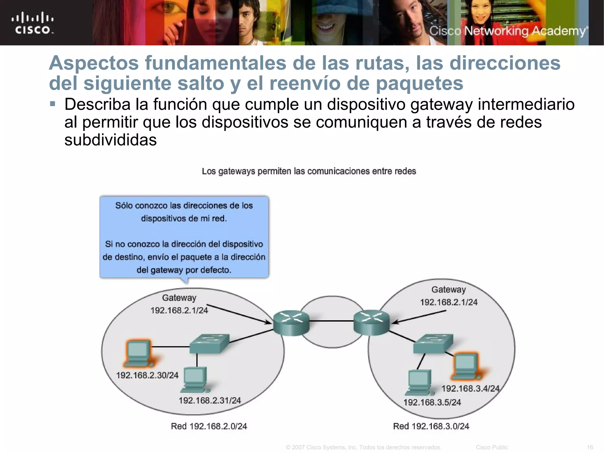 Aspectos fundamentales de las rutas, las direcciones del siguiente salto y el reenvío de paquetes Describa la función que cumple un dispositivo gateway intermediario al permitir que los dispositivos se comuniquen a través de redes subdivididas 
