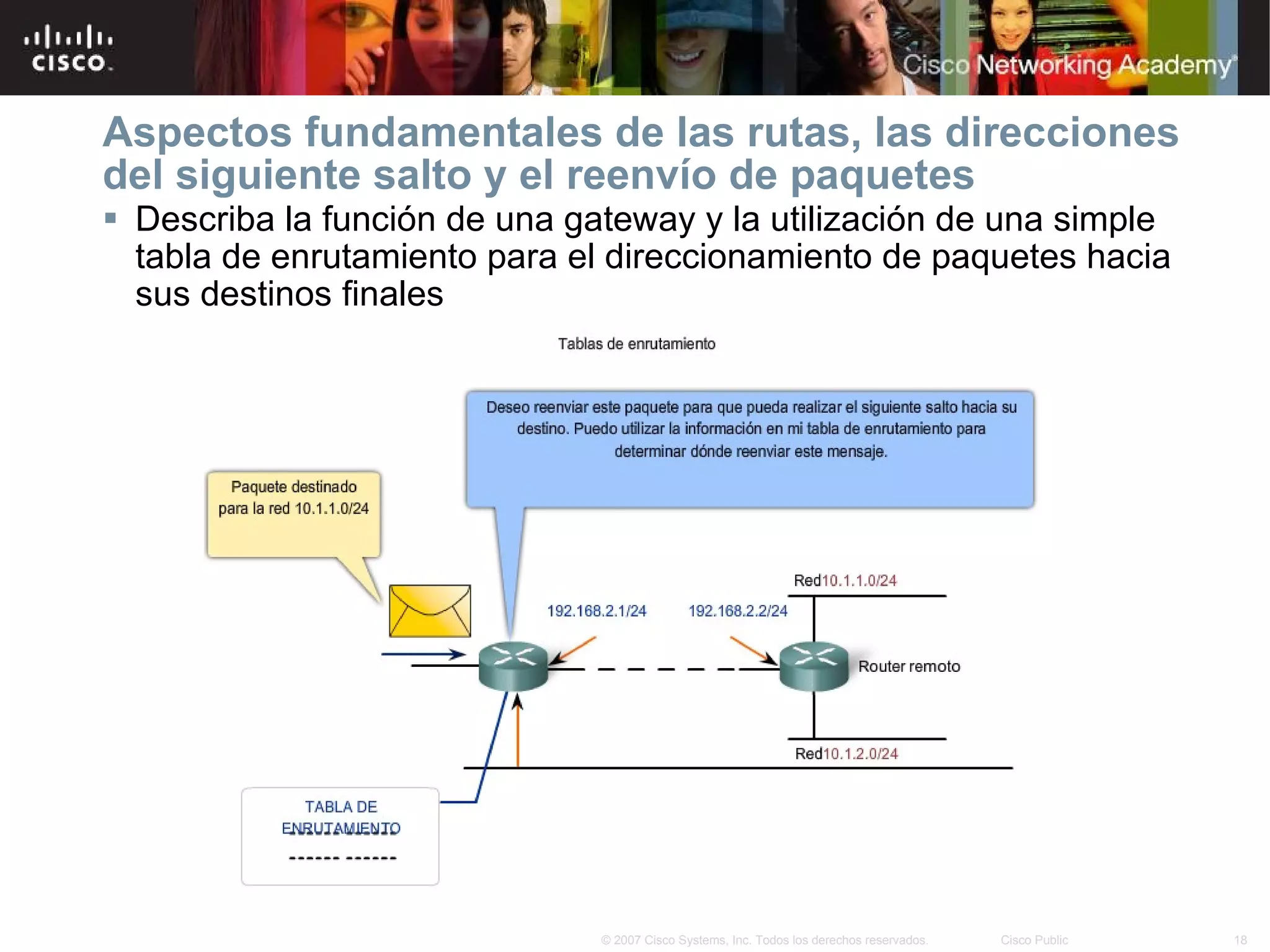 Aspectos fundamentales de las rutas, las direcciones del siguiente salto y el reenvío de paquetes Describa la función de una gateway y la utilización de una simple  tabla de enrutamiento  para el direccionamiento de paquetes hacia sus destinos finales 