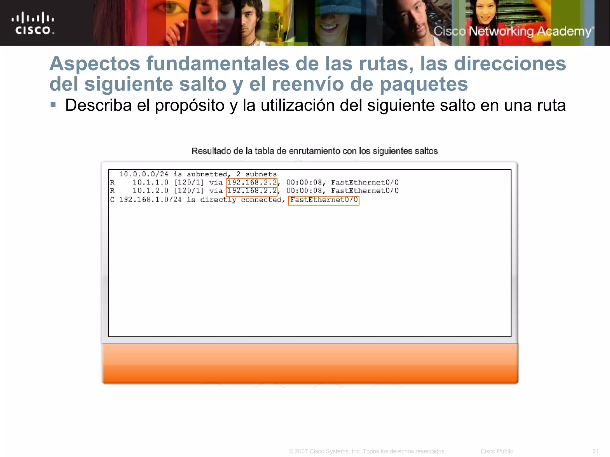 Aspectos fundamentales de las rutas, las direcciones del siguiente salto y el reenvío de paquetes Describa el propósito y la utilización del siguiente salto en una ruta 
