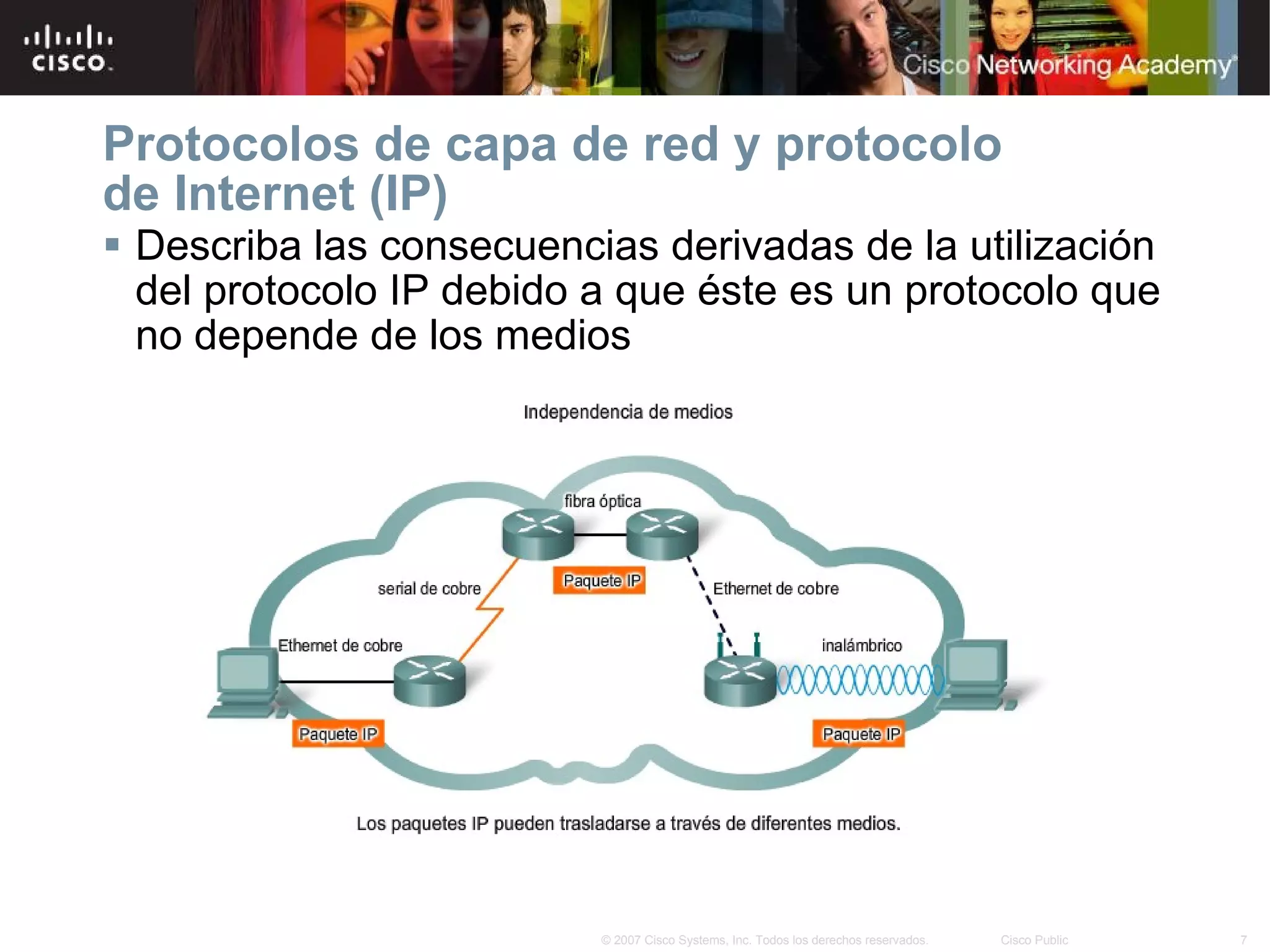 Protocolos de capa de red y protocolo de Internet (IP) Describa las consecuencias derivadas de la utilización del protocolo IP debido a que éste es un protocolo que no depende de los medios 