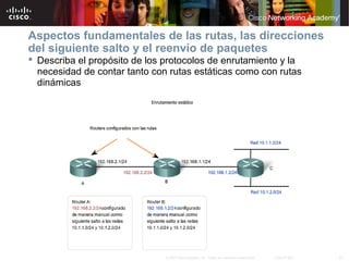Aspectos fundamentales de las rutas, las direcciones
del siguiente salto y el reenvío de paquetes
 Describa el propósito de los protocolos de enrutamiento y la
  necesidad de contar tanto con rutas estáticas como con rutas
  dinámicas




                               © 2007 Cisco Systems, Inc. Todos los derechos reservados.   Cisco Public   23
 