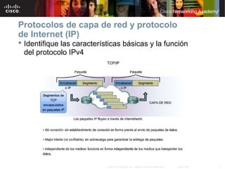 Protocolos de capa de red y protocolo
de Internet (IP)
 Identifique las características básicas y la función
  del protocolo IPv4




                            © 2007 Cisco Systems, Inc. Todos los derechos reservados.   Cisco Public   4
 