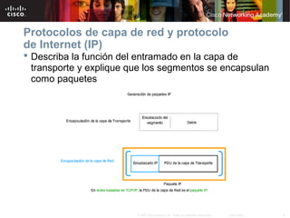 Protocolos de capa de red y protocolo
de Internet (IP)
 Describa la función del entramado en la capa de
  transporte y explique que los segmentos se encapsulan
  como paquetes




                         © 2007 Cisco Systems, Inc. Todos los derechos reservados.   Cisco Public   8
 