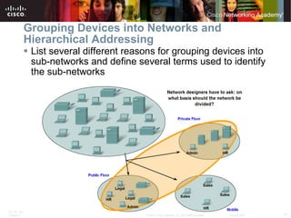 Grouping Devices into Networks and Hierarchical Addressing List several different reasons for grouping devices into sub-networks and define several terms used to identify the sub-networks 