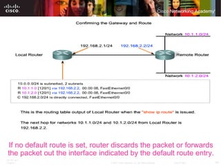 If no default route is set, router discards the packet or forwards the packet out the interface indicated by the default route entry. 