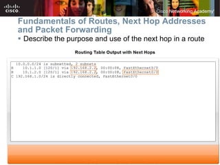 Fundamentals of Routes, Next Hop Addresses and Packet Forwarding Describe the purpose and use of the next hop in a route 