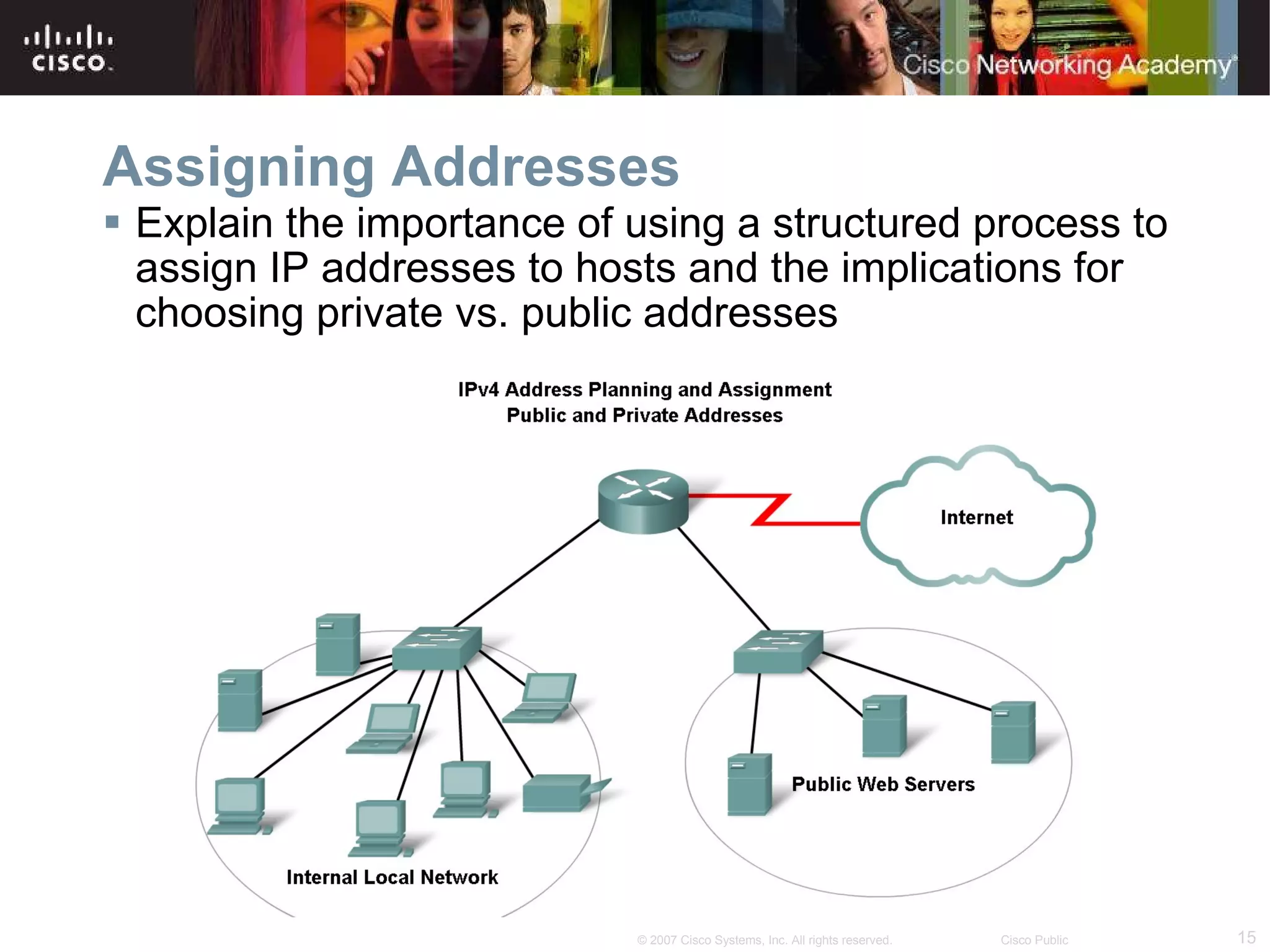 Assigning Addresses Explain the importance of using a structured process to assign IP addresses to hosts and the implications for choosing private vs. public addresses 
