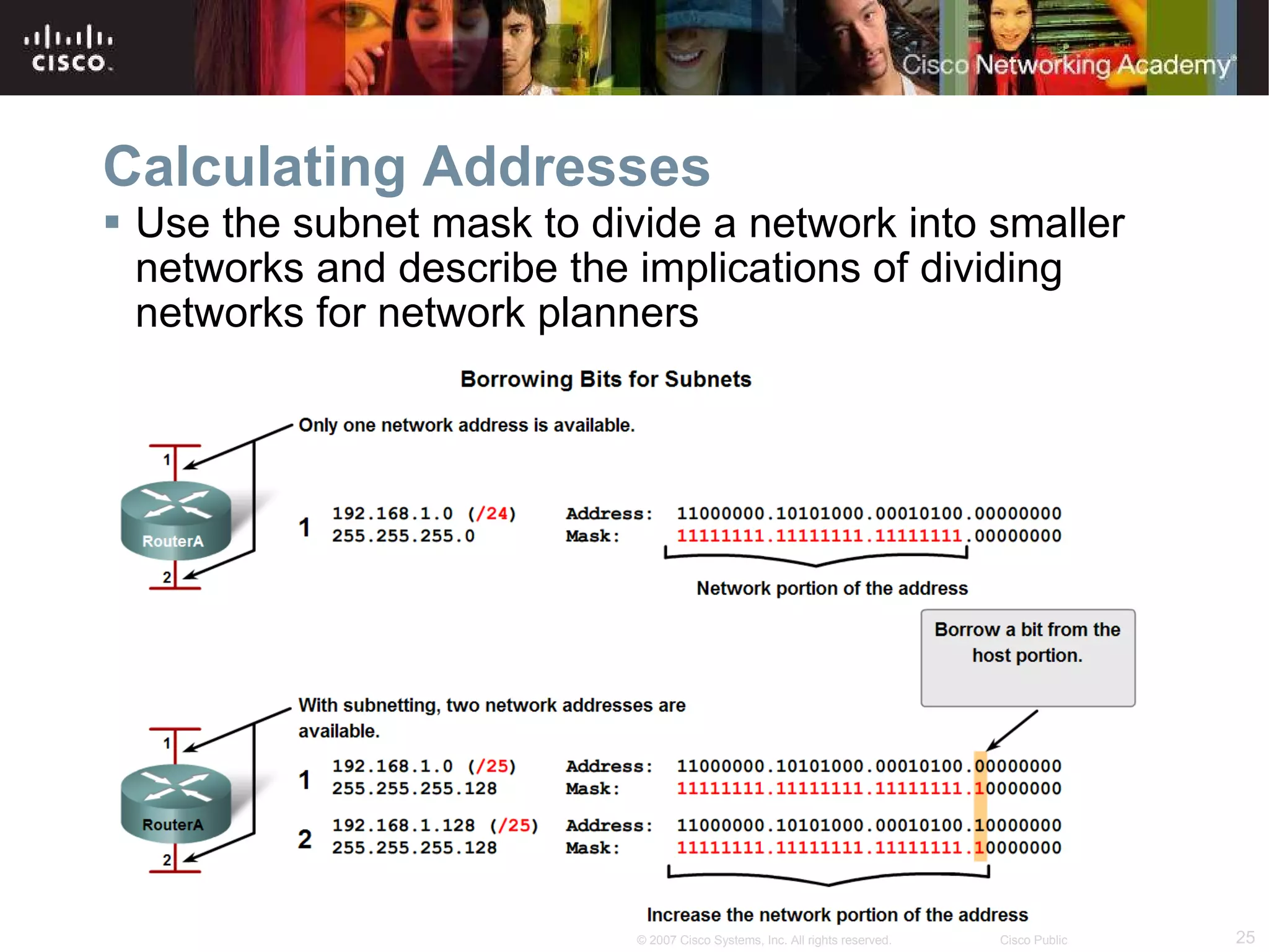 Calculating Addresses  Use the subnet mask to divide a network into smaller networks and describe the implications of dividing networks for network planners 