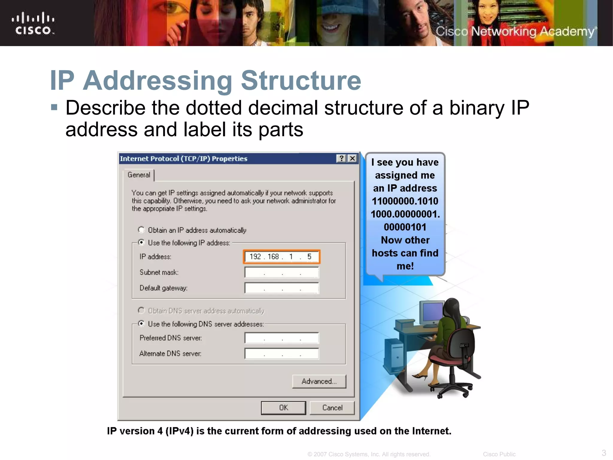 IP Addressing Structure Describe the dotted decimal structure of a binary IP address and label its parts 