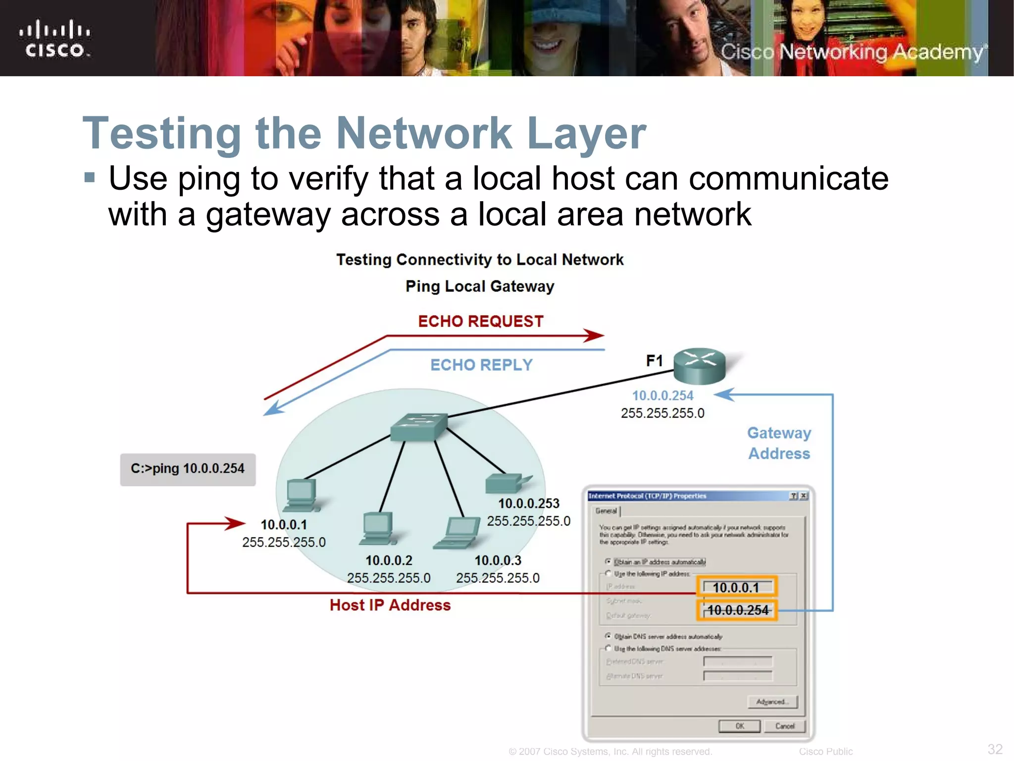 Testing the Network Layer  Use ping to verify that a local host can communicate with a gateway across a local area network 